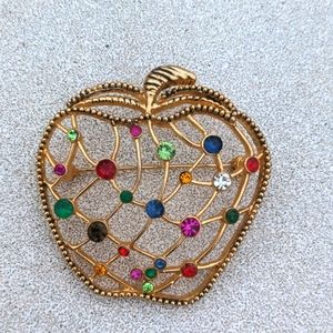 Apple Gold Tone Multi Color Rhinestones Lattice Style Large Brooch 2.25" x 2.25"